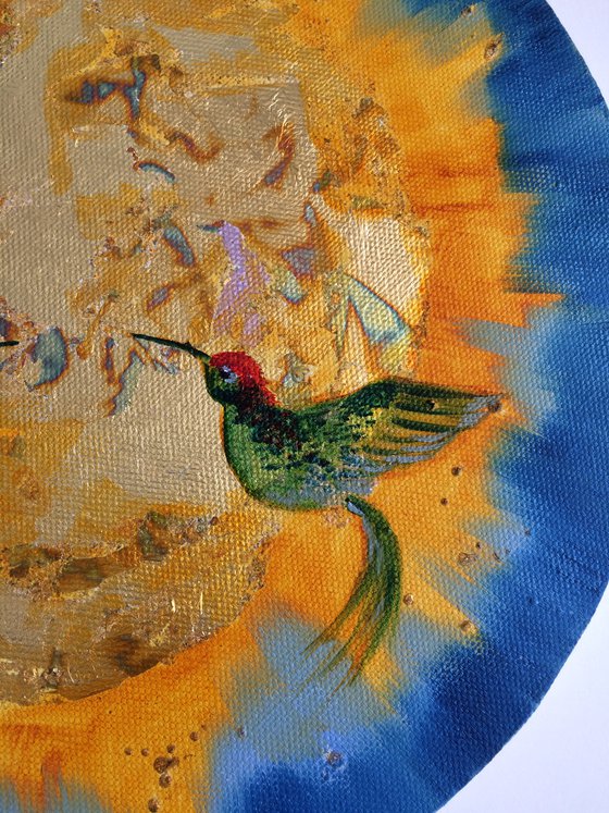 To the Sun - Mixed media round painting with two birds