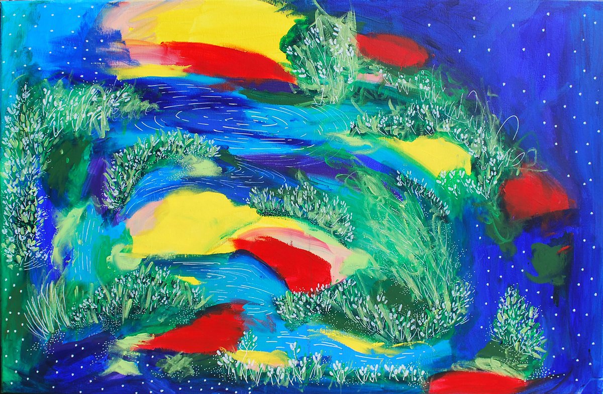 Abstract Landscape Acrylic Painting By Aasiri Wickremage, 35 X 24, Falling Waters, Original Artwork