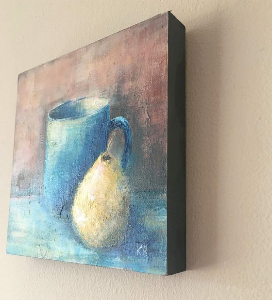 Pear with Blue mug, still life study