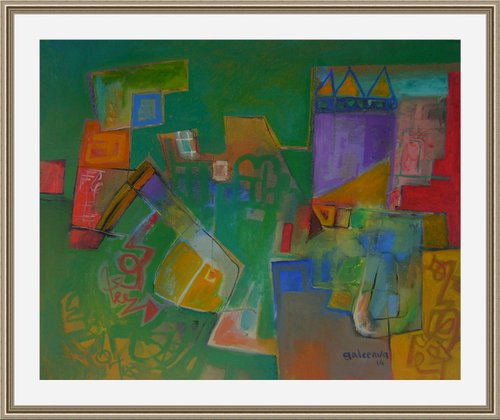 Archipelago, Imaginary Geometric Green Landscape, Original Abstract Art by Constantin Galceava