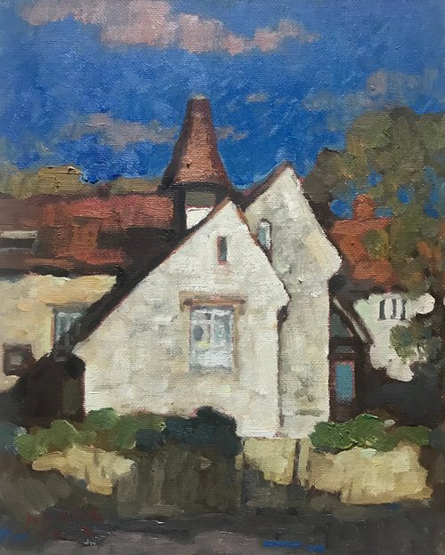 Original Oil Painting Wall Art Artwork Signed Hand Made Jixiang Dong Canvas 25cm × 30cm Red Roof Retreat small building Impressionism by Jixiang Dong