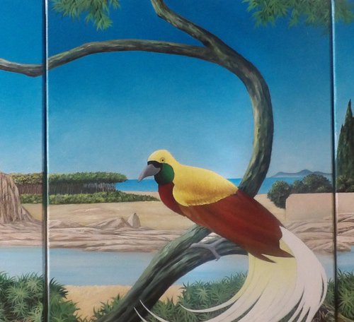 Small triptych of the birds of paradise and the cockatoo by Cecco Mariniello