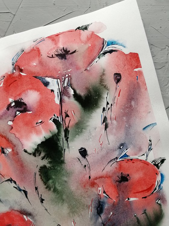 Red poppy painting. Wildflowers