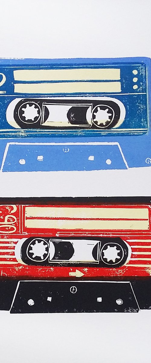 Linocut tapes duo #7 (cassette tapes, retro music, 70's, 80's rock culture) by Carolynne Coulson