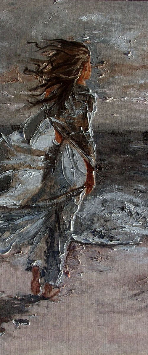 " A WALK ... "- SKY SEA SAND liGHt  ORIGINAL OIL PAINTING, GIFT, PALETTE KNIFE by Monika Luniak