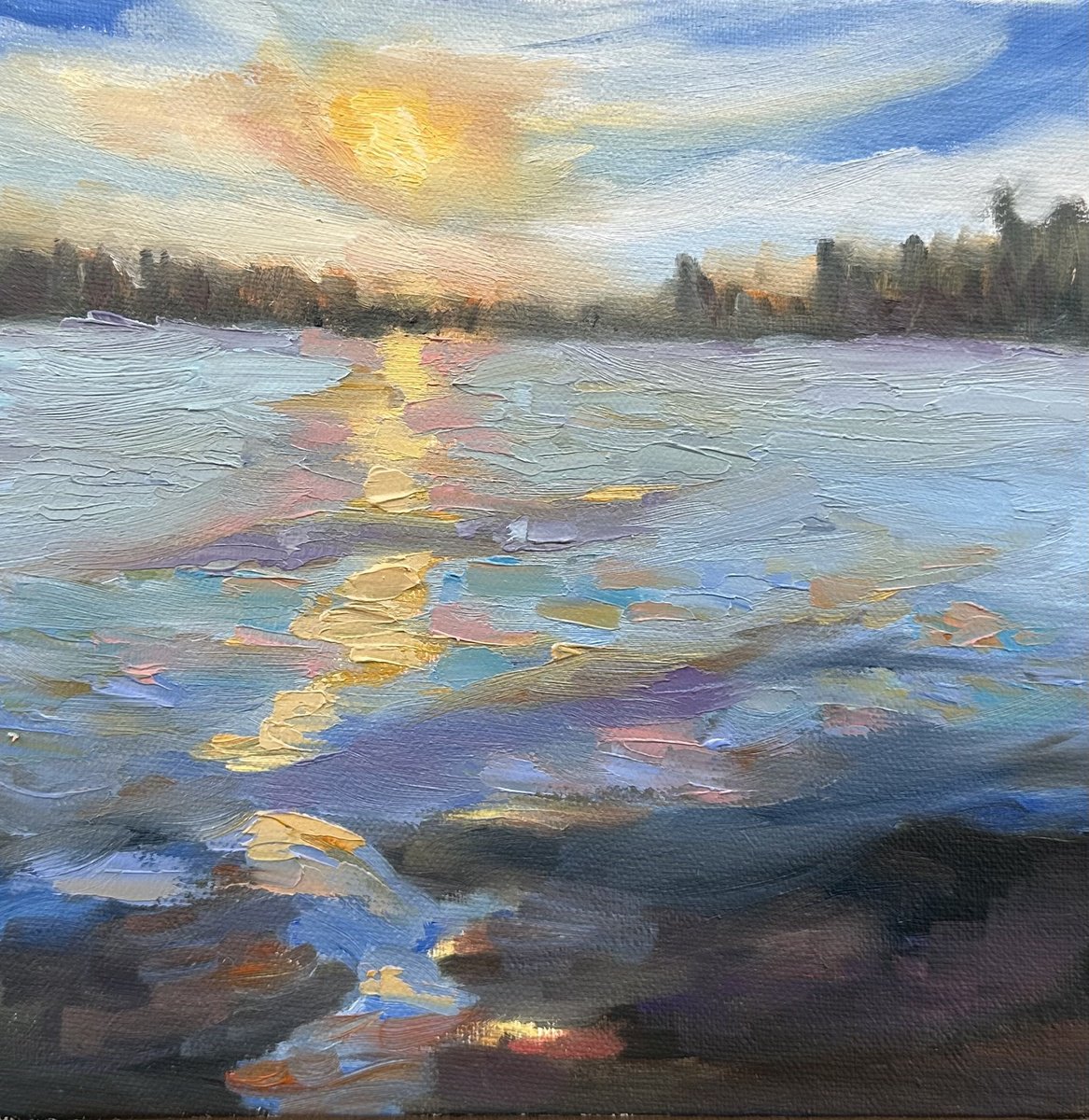 Impressionistic Landscape Oil Painting By Grace Diehl, 6 X 6, Sunset Over Back Bay, Original Artwork