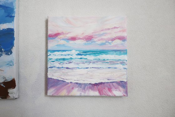 Oil painting Seascape Sea Pink Sunset