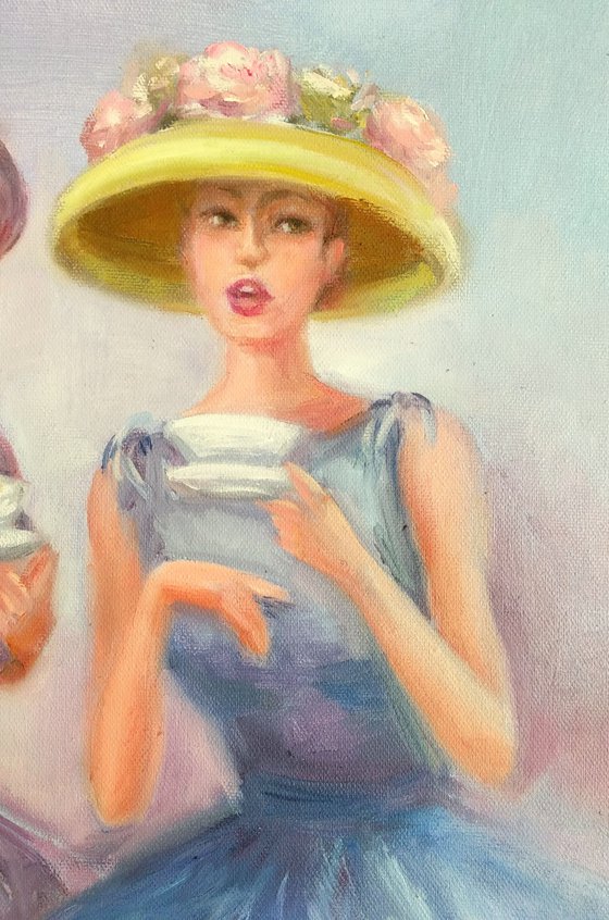 Cafe Scene Restaurant Art Women's Talk Tea for two Friends Secrets Beautiful Girl in Hats