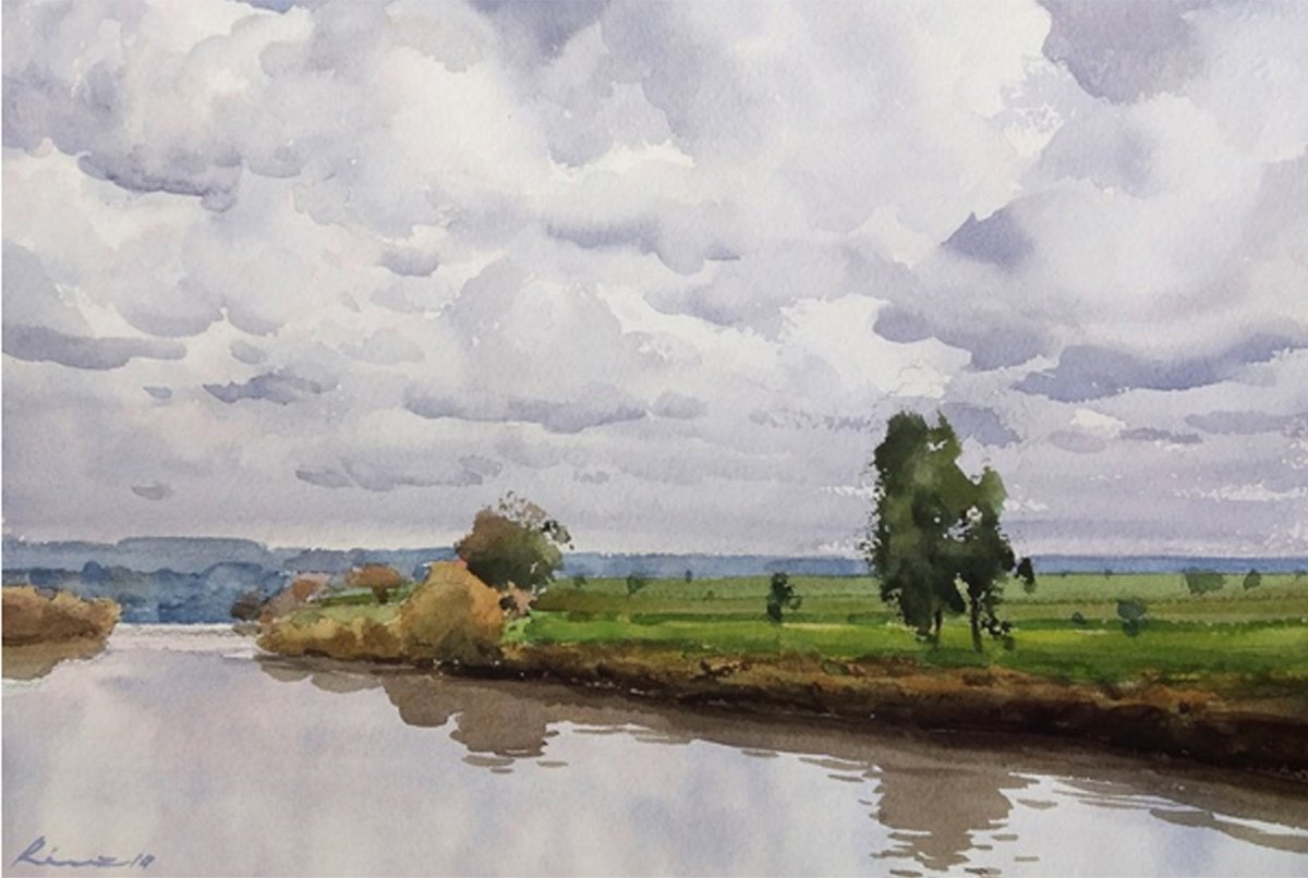 Impressionistic Landscape Watercolour By Riaz Samadhan, 14 X 9", River Panchganga-1, Original Artwork