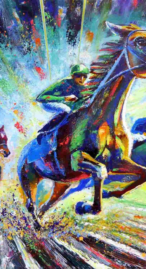 Dynamic Horse Racing Scene, Captivating Artwork of Leadership in Impressionist Style by Ion Sheremet
