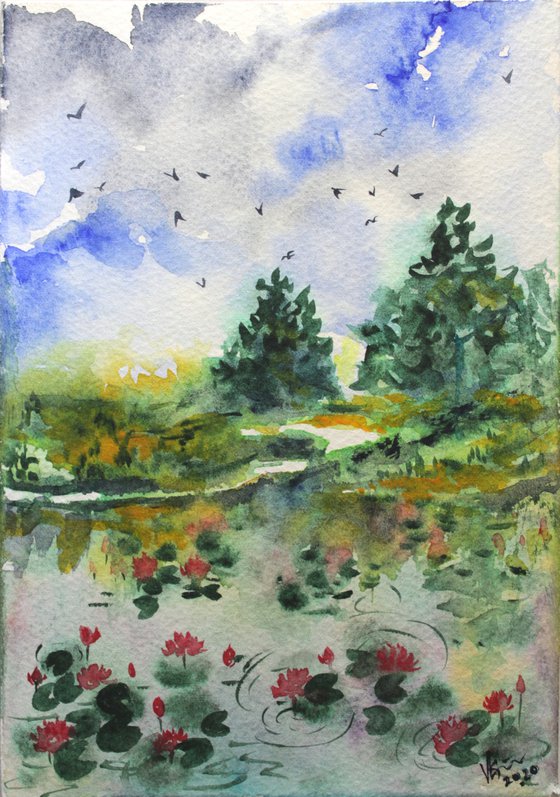 Monet's garden of Lotus in Watercolours - Impressionistic - gift art - mini art - Lotus pond landscape