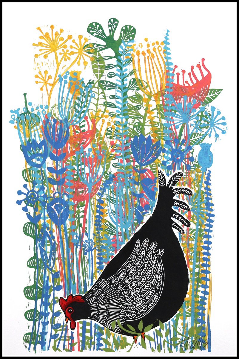 Animal Linocut By Mariann Johansen-Ellis, 14 X 22", The Little Black Hen, Original Artwork