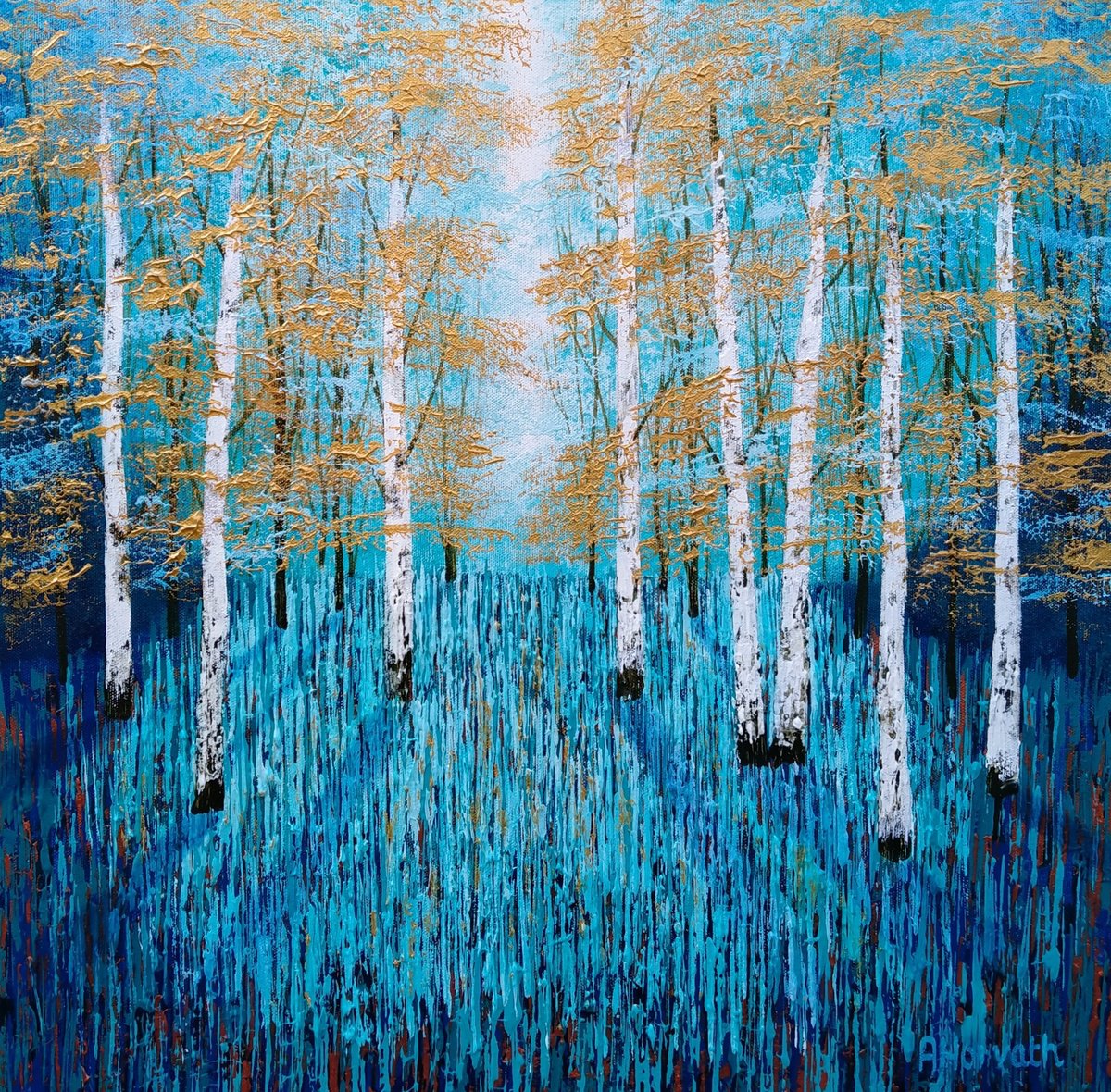 Impressionistic Landscape Acrylic Painting By Amanda Horvath, 20 X 20, Shadows And Light, Golden Wood, Original Artwork