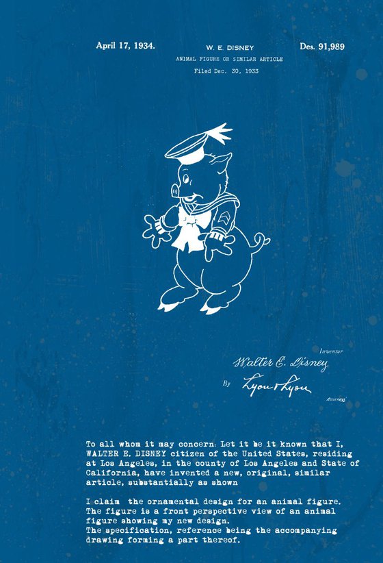 Disney character patent Pig 1 - Blue - circa 1934
