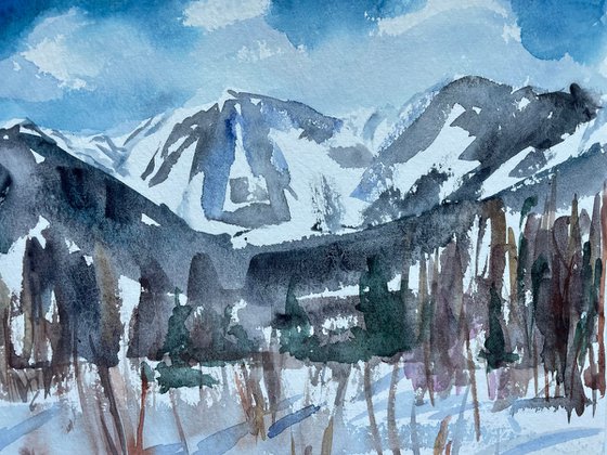 Mountain Original Watercolor Painting, Snowy Winter Landscape Artwork, Slovak Home Decor, Christmas Gift