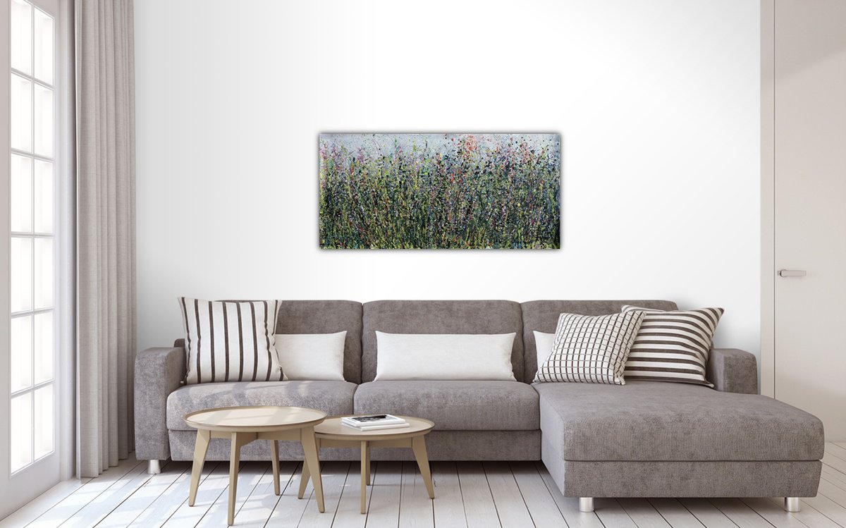 Abstract Landscape Painting By Lena Owens, 46 X 22", Splattered Bloomscape, Original Artwork