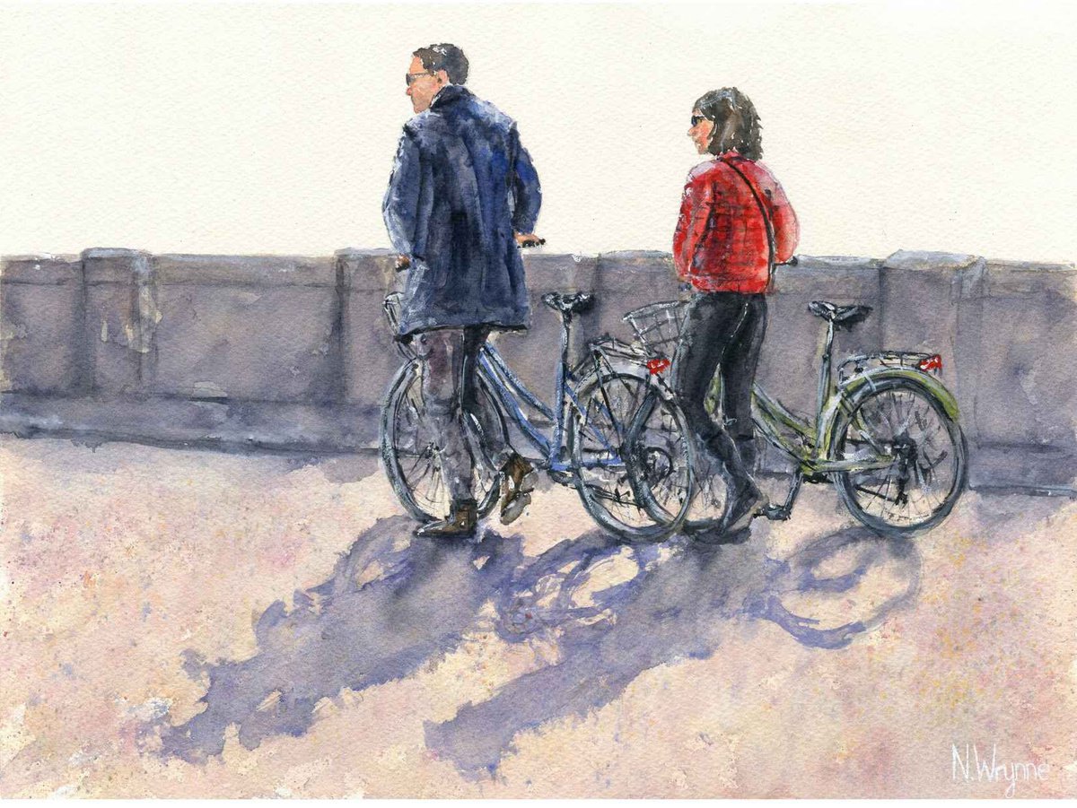 PUSH BIKES - Original Watercolour Artwork Cycling bicycle Couple Painting by Neil Wrynne