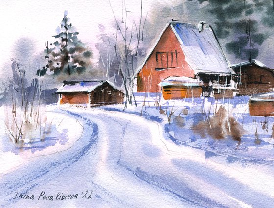 Winter in the country original watercolor painting with snow and sunset , medium format artwork on paper