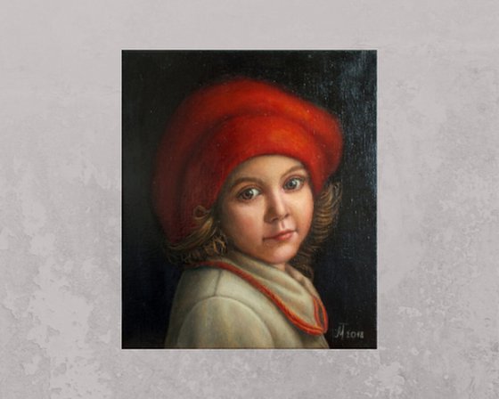 child portrait "Little Red Riding Hood", realistic painting, portrait on canvas