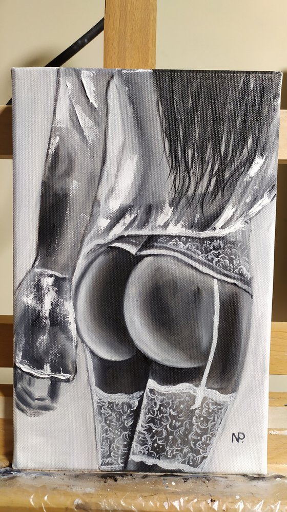 In lingerie, original erotic nude gestural oil painting, Gift, impressionistic art