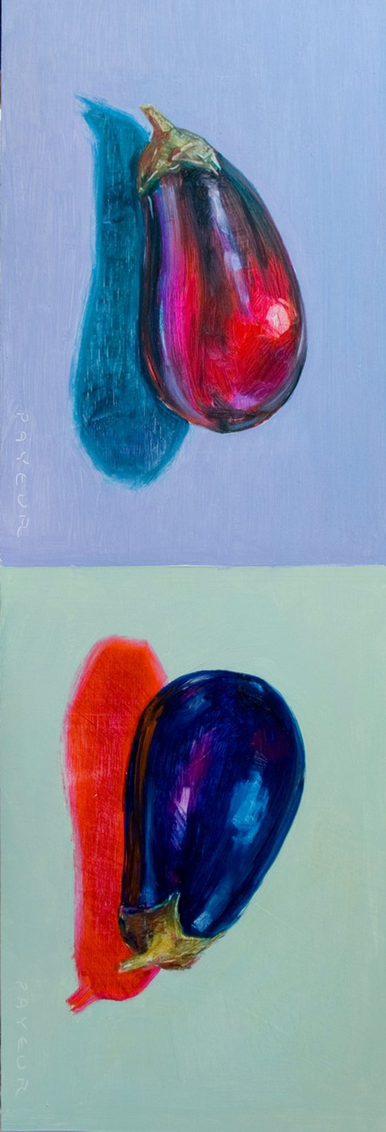 gift for food lovers: modern diptych, still life of psychedelic eggplants