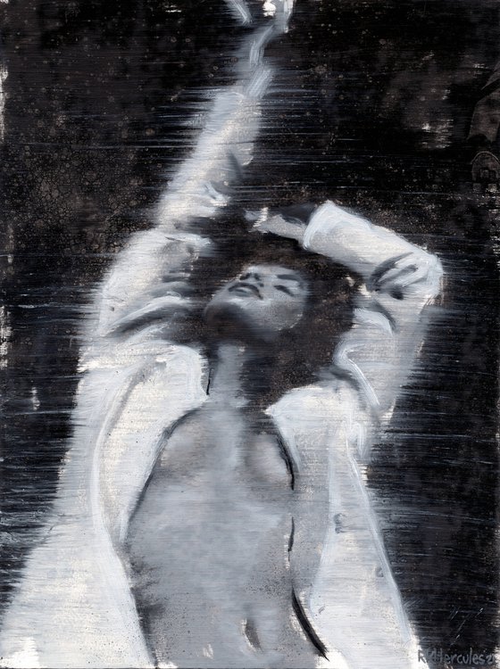 Birttane | Black and white oil painting on paper | dancing beautiful powerful woman wearing vibe lady