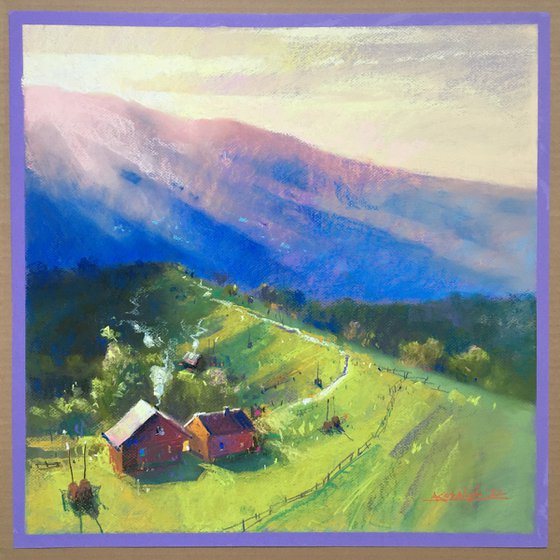 Ukrainian art Sunrise in Mountains Carpathian. Soft pastel 19.6x19.6 inch (50x50 cm)