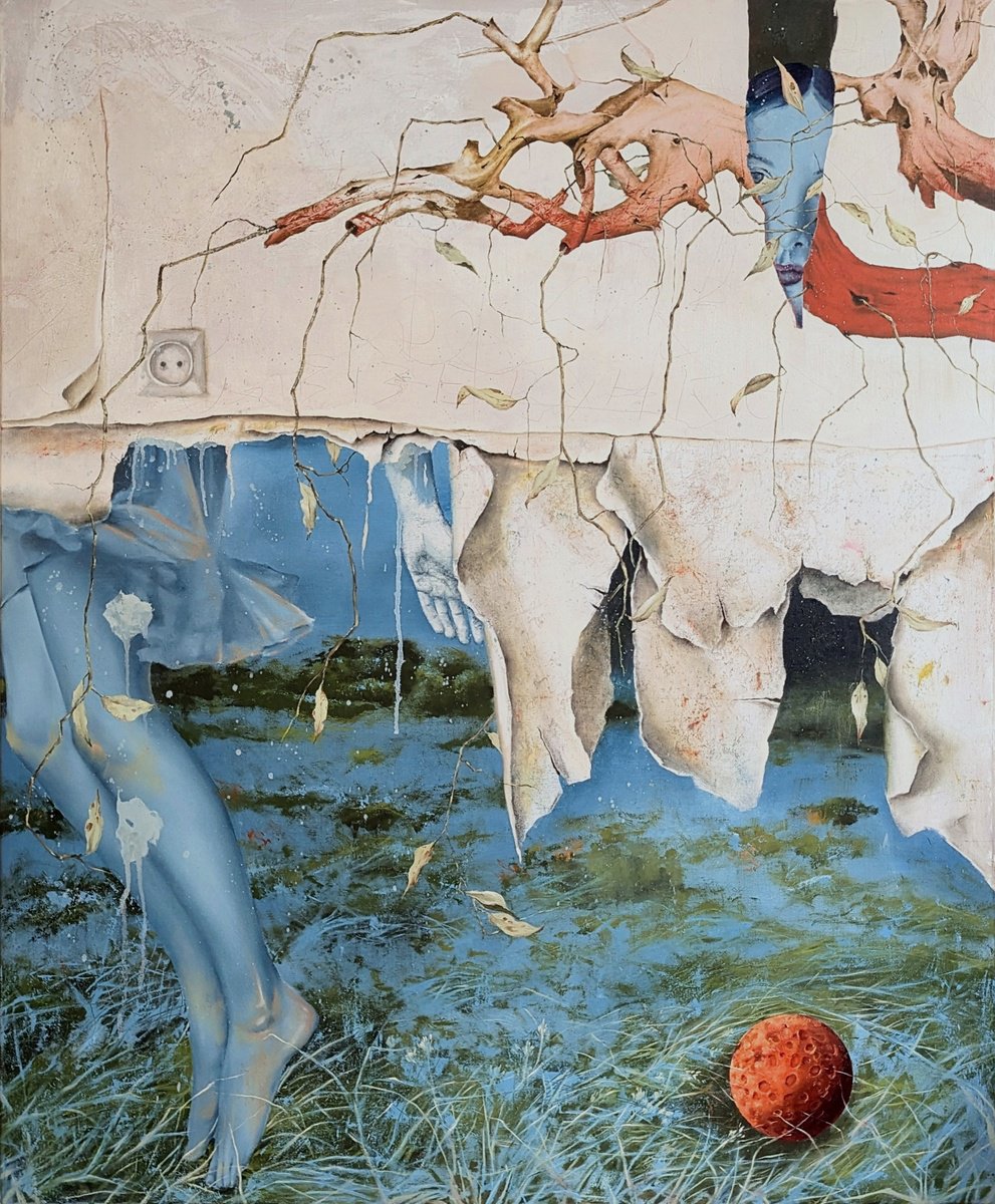 Surrealistic Portrait Oil Painting By Taras Haida, 35 X 43", Where The Wallpaper Ends, Original Artwork