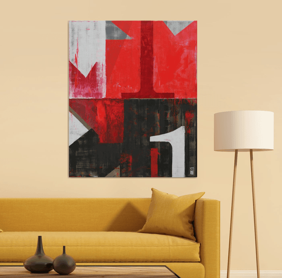 Abstract Painting - Vintage Typopop in Red - 90x110cm - Ronald Hunter - 16M