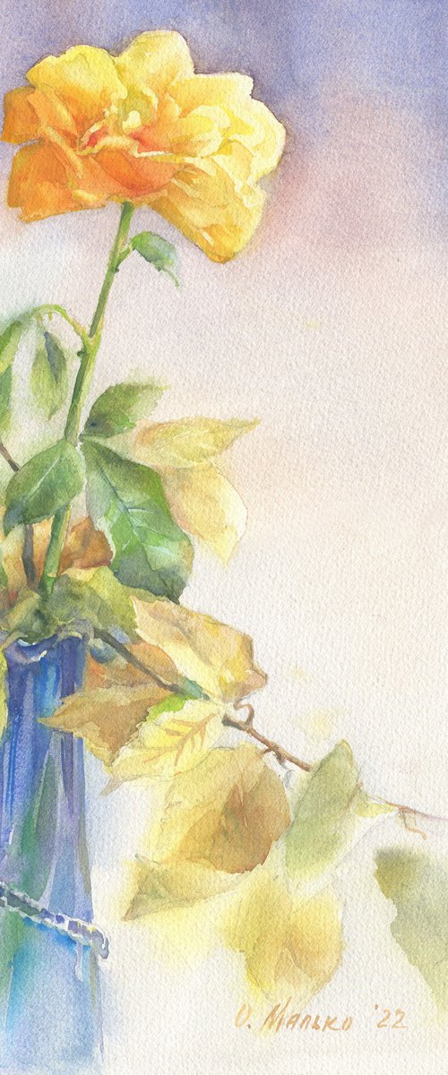 Last chords. Yellow / ORIGINAL watercolor ~11x15in (28x37,5cm). Yellow rose. Autumn bouquet by Olha Malko