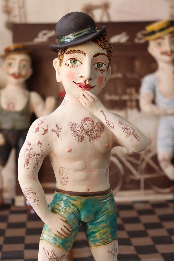 Young Gentlemen with a hat. Vintage Strongman. Wall sculpture by Elya Yalonetski.