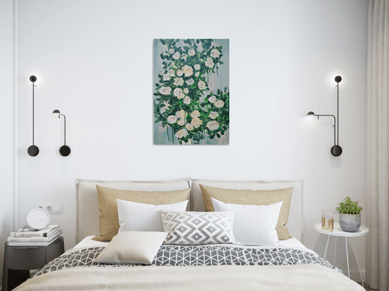 Blooming abstract rose garden in pale yellow