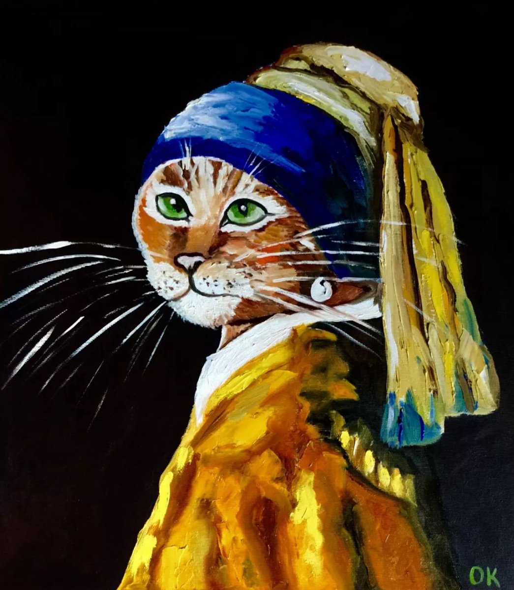 Expressive Oil Painting , Cat With The Pearl Earring #4 By Olga Koval, 18 X 20, Artwork For Sale On Artfinder
