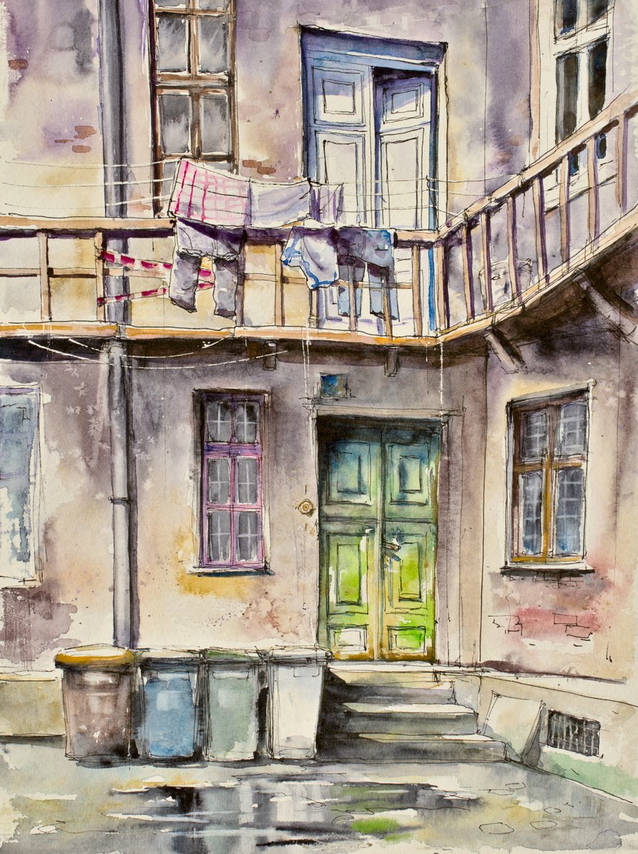 Impressionistic Cityscapes Watercolour By Eve Mazur, 12 X 16, Green Door, Original Artwork
