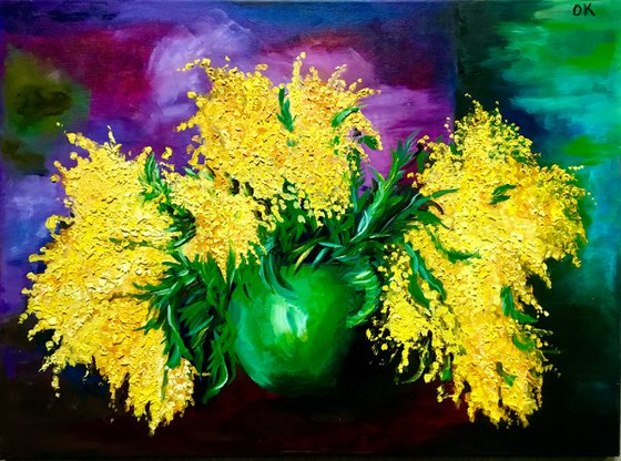 Mimosas in vase . Bouquet of flowers. Inspired by Moise Kisling.