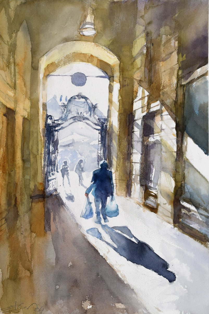 Impressionistic Cityscapes Watercolour By Goran Zigolic Watercolors, 15 X 22, Sunny Day Impression 4, Original Artwork
