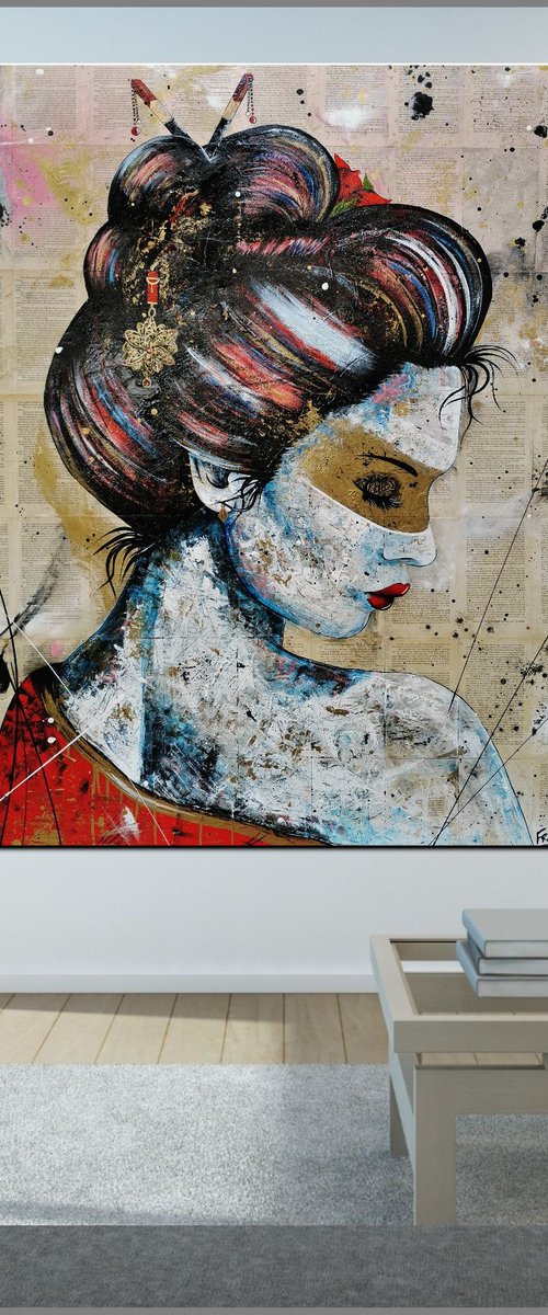 Red Kimono Golden 120cm x 150cm Geisha Book Page Urban Pop Art by Franko