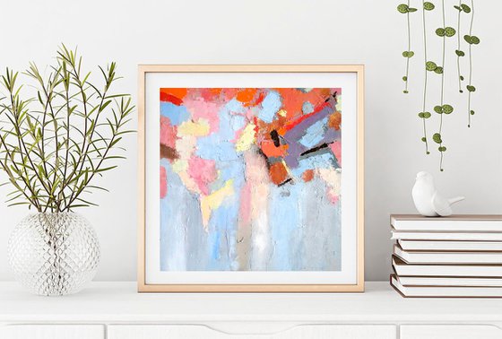 Abstract N 2, Abstract Painting Small Original Art Blue Pink Orange Artwork Multicolor Geometric Wall Art 10 by 10