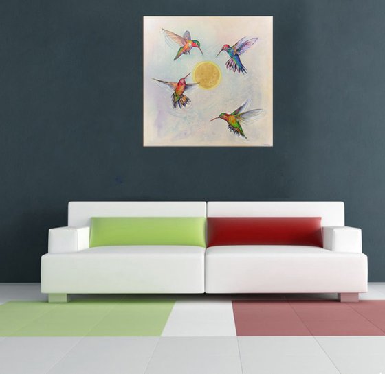 35.4" ”Shining Sun and Hummingbirds” Large Painting