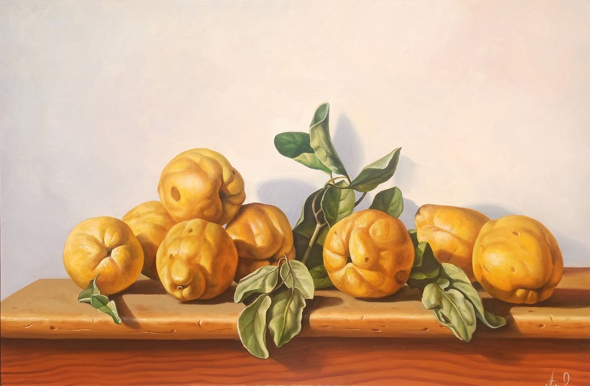 Photorealistic Still Life Oil Painting By Tamar Nazaryan, 24 X 16", Still Life - Quince, Original Artwork