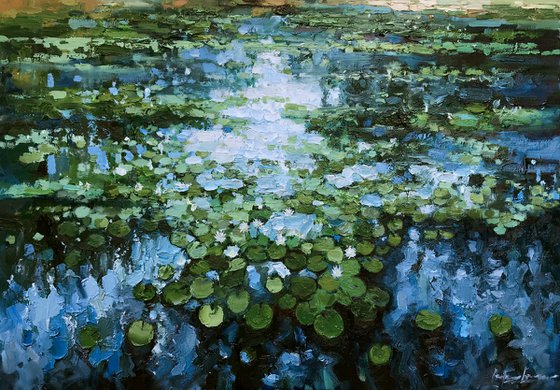 "Water-Lilies pond"-100x70cm large original oil painting by Artem Grunyka