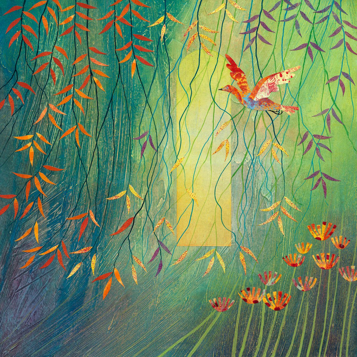 Illustrative Animal Painting By Rebecca Vincent, 12 X 12", Weeping Willow With Dove, Original Artwork