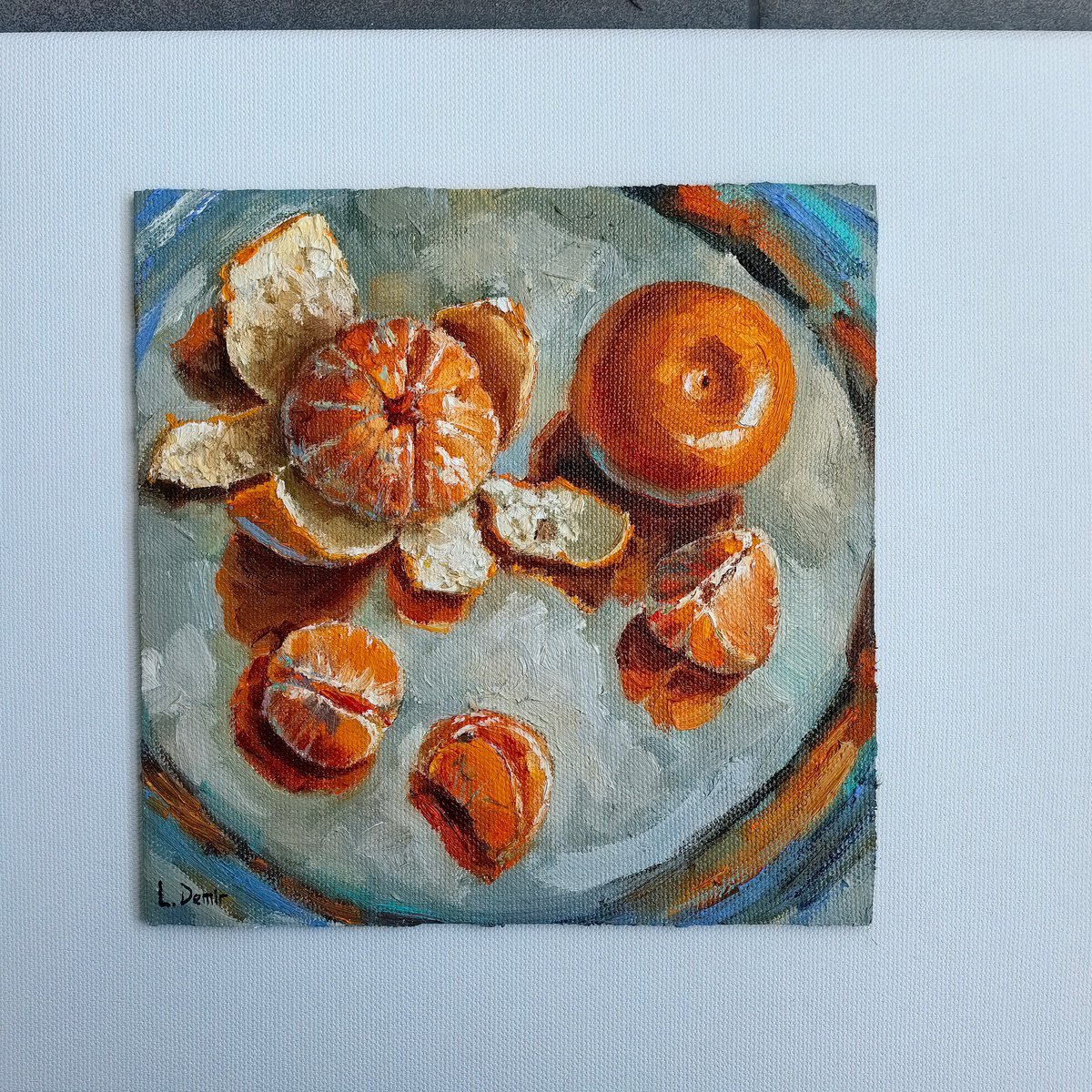 Photorealistic Still Life Oil Painting By Leyla Demir, 8 X 8", Clementine Fruit Still Life, Original Artwork