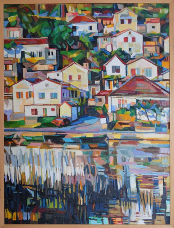 Houses on the lake shore / 90 x 70 cm