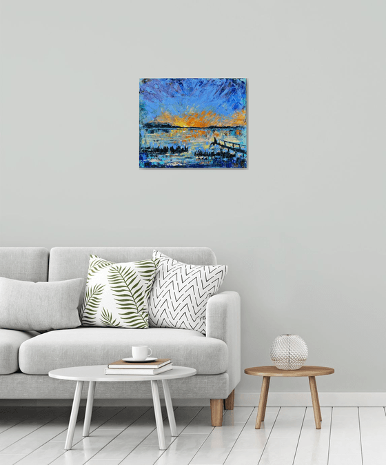 Sunset - You are never alone, 50*60cm, impressionistic landscape oil painting in orange and blue ultramarine