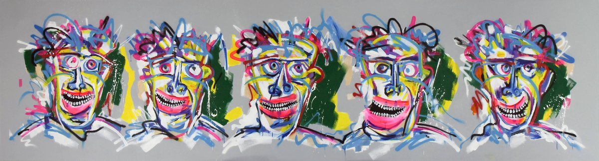 Expressive Portrait Acrylic Painting By V. Lishko, 118 X 31", Faces, Original Artwork