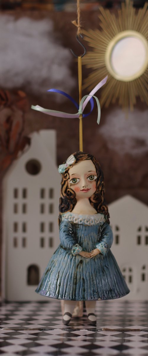 Little Girl in Blue. Hanging sculpture, bell doll by Elya Yalonetski by Elya Yalonetski