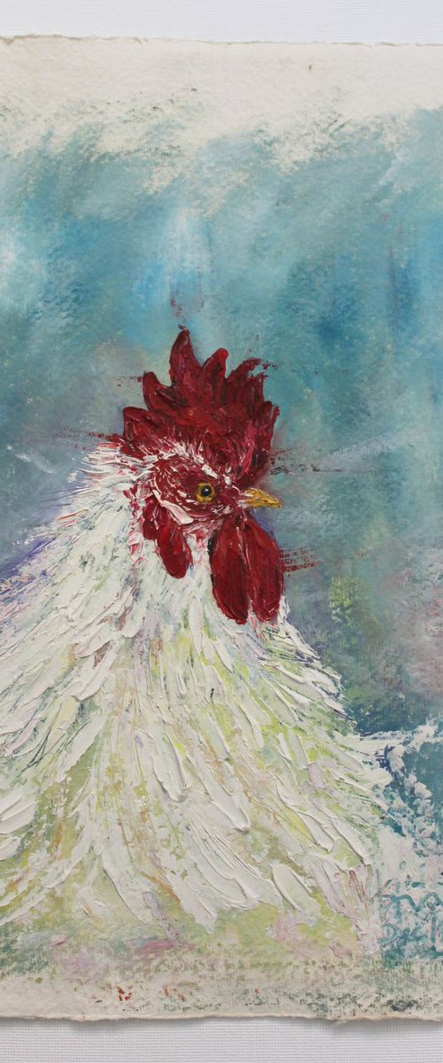 White Rooster - Cock Oil painting on Khadi Handmade deckled edged paper - bird art - Easter - special cockerel by Vikashini Palanisamy