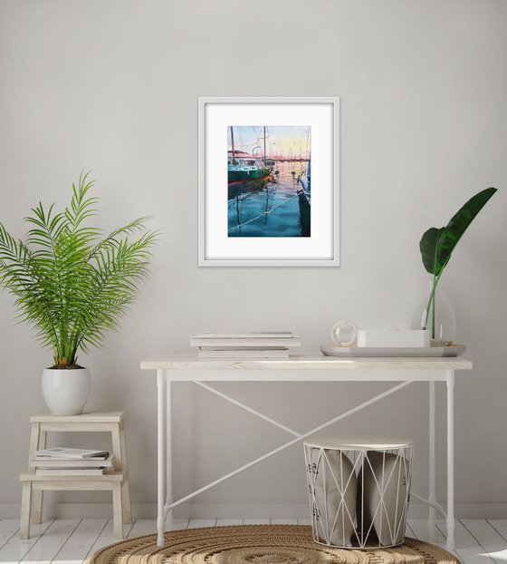 Reflections of yachts at sea. Sunset at the pier. Original watercolor painting.