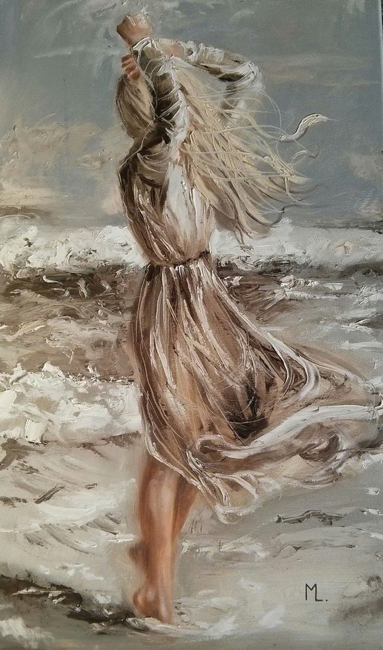 " DANCING WITH THE WIND ... "- SEA SAND liGHt  ORIGINAL OIL PAINTING, GIFT, PALETTE KNIFE